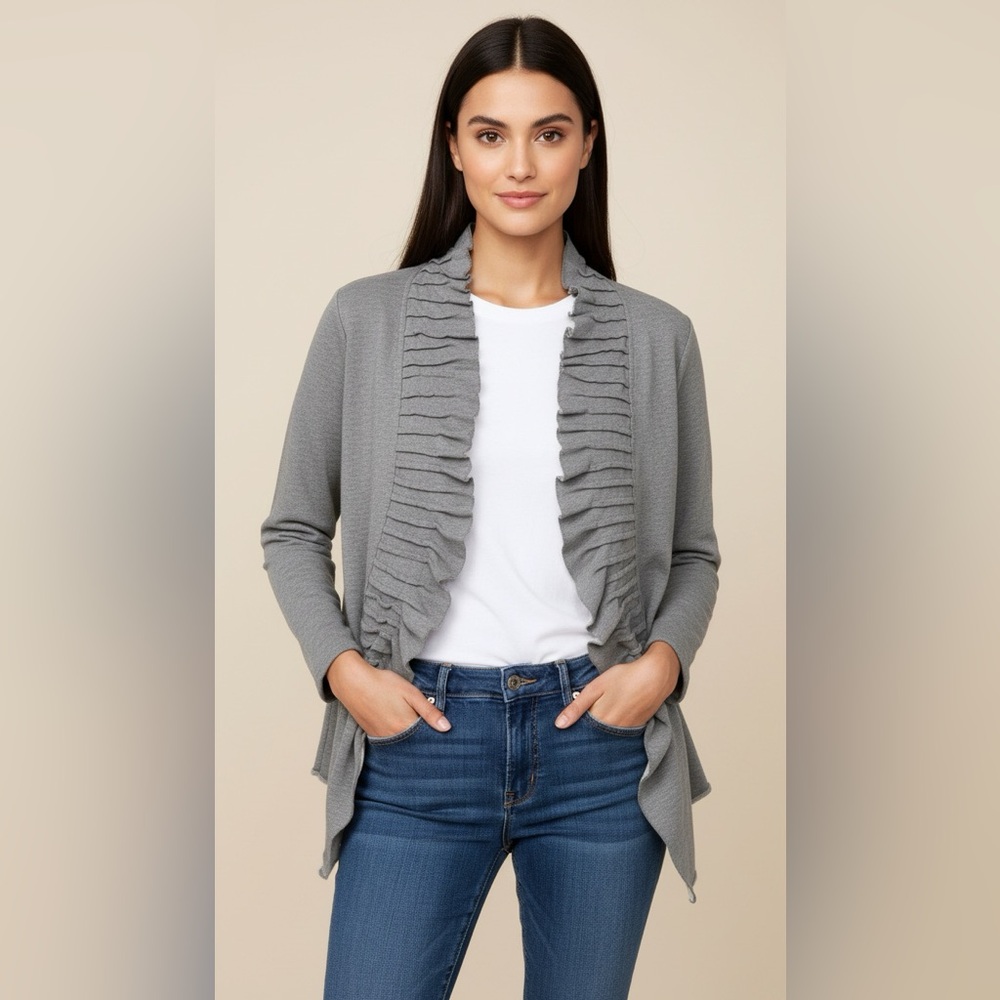 Fever 100% Cotton Gray Ruffled Open Front Cardigan